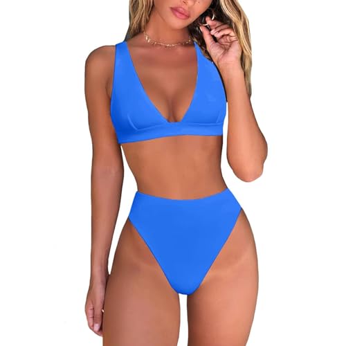 Cool Summer Conjunto de Bikini de Tanga de Talle Alto para Mujer, Top Triangular Brasileño Sexy, Trajes de Baño de Dos Piezas Con Cuello En V Profundo, Adecuado para Fiestas En La Playa