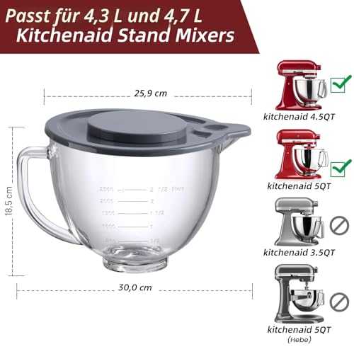 Gdrtwwh Glasschüsselaufsatz für KitchenAid 4,3–4,8L Standmixer, spülmaschinenfest (Glass Bowl + Lid)