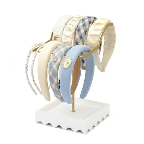 Lampaggio 2-Tier Gold Headband Holder Stand, Metal Hair Band Display Rack with White Wood Accessories Storage Tray for Girls, Women
