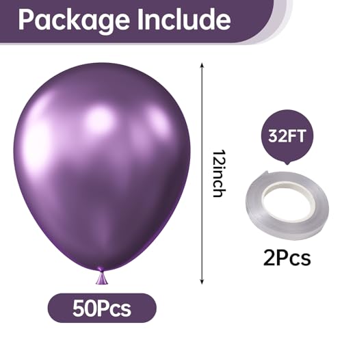 Image of KALOR 12 Inch Metallic Purple Balloons, 50 Pcs Latex Helium Metallic Balloons for Kid's Birthday Party, Baby Shower, Wedding, Graduate Party Decorations