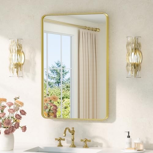 Image of TETOTE Gold Vanity Mirror 20 x 30 Brushed Gold Metal Framed Vanity Mirror, Tempered Glass, Modern Farmhouse Wall Mounted Mirrors for Decorative(Horizontal /Vertical)