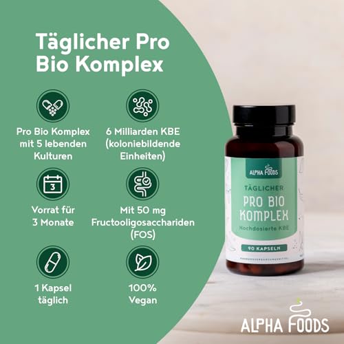Kulturen Komplex | mit 6 Mrd KBE | 5 Bakterienstämme und Fructooligosaccharide | 90 Kapseln | Bakterienkulturen mit Lactobacillus & Bifidobacterium | Verdauungshilfe für den Darm | Vegan | Alpha Foods