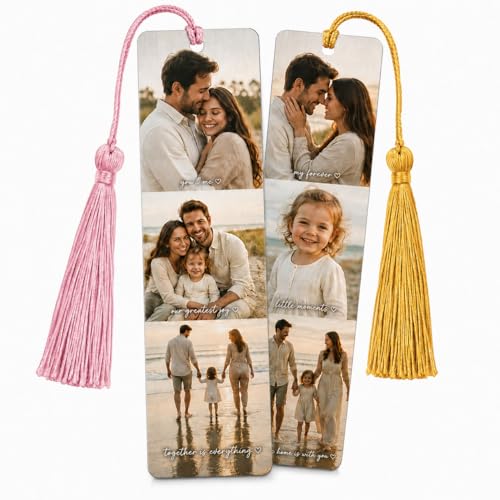 Custom Photo Bookmark with Text Personalized Metal Bookmark with Tassel Double Sided Picture Bookmarks for Book Lovers Women Men Teacher Custom Gift for Christmas Graduation(Three Pictures)