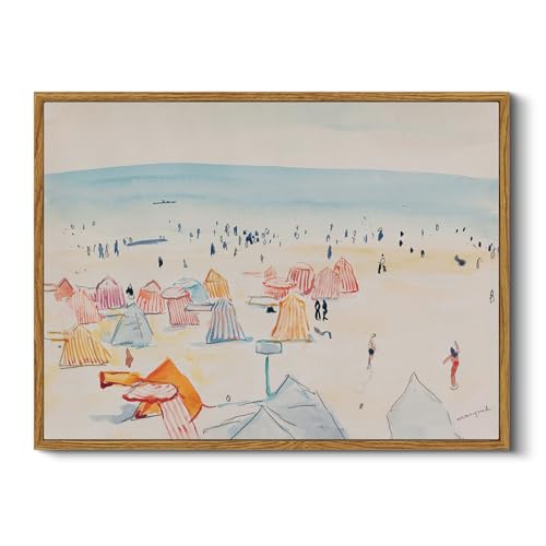 HUARCEY Framed Relaxing Summer Vibe Beach Wall Art, Retro 12x16 Coastal Canvas Print, Pastel Seaside with Pink Umbrellas Water Color Painting for Living Room Bedroom House Vacation Home Decor