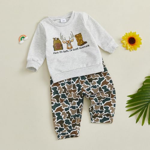 Deer Hunting Baby Boy Clothes Long Sleeve Funny Letters Sweatshirt Tops Camouflage Pants Set Fall Winter Outfits3