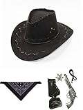 thematys® Disfraz de Vaquero en 10 Diferentes - Variantes de Sombrero, Bufanda y revólver de 3 Piezas - para Adultos, Carnaval, Halloween y Cosplay. (Style 6)