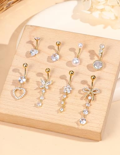 FIASASO 8 Pcs Belly Button Ring Dangle Hypoallergenic Surgical Stainless Steel Belly Rings for Women CZ Pearl Heart Butterfly Bow Flower Navel Piercing Jewelry Dangly Curved Navel Ring3