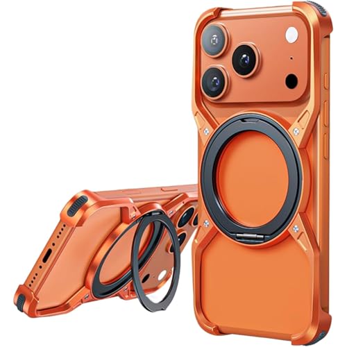メカニカルフレーム メタルケース iPhone 17 Pro / 17 Pro Max 用 アルミ合金製 バンパー 耐衝撃 360°回転スタンド付き 軽量 オープンフレーム 放熱構造 MagSafe対応(Orange,17 Pro Max)