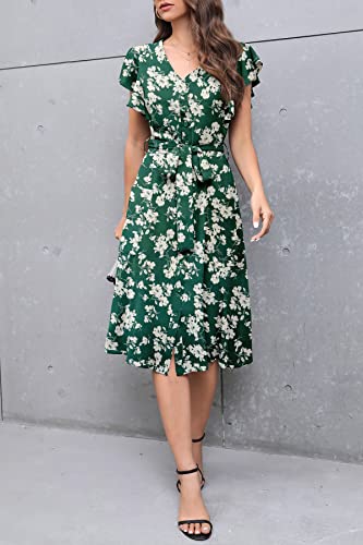 MITILLY Women's Boho Floral Print Flutter Short Sleeve V Neck Button Down Swing Midi Dress with Pockets X-Large Green