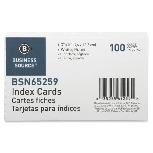 Business Source Index Cards, Ruled, 72 lb., 3"x5", 100/ Pack, White (65259)