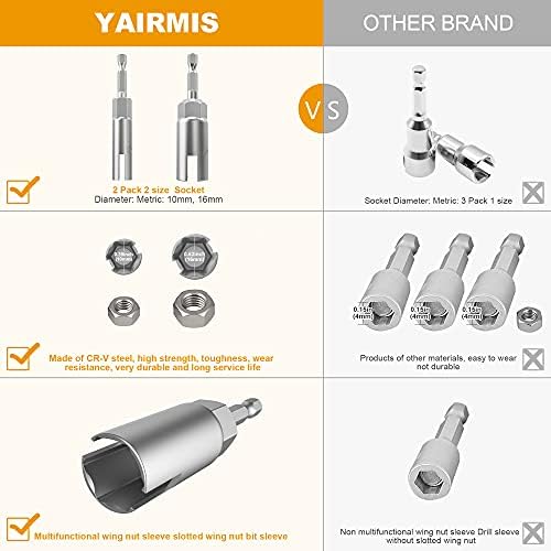 2 Pack 1/4" Hex ShankPower Wing Nut Driver Set,Slot Wing nuts Drill Bit Socket Wrenches Tools Set, Drills Bits for Panel Nuts screws eye C hook bolt (2 Pack 2 Size 10mm,16mm)