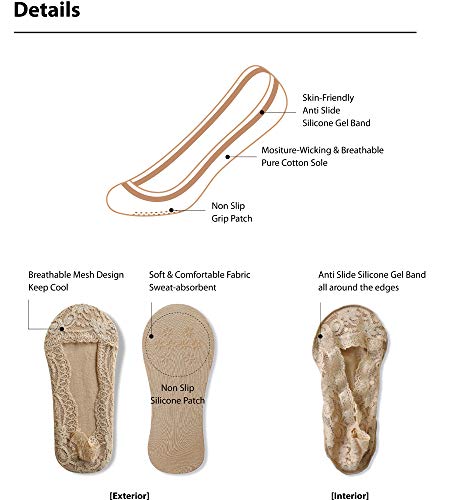 Women's 10 Pairs No Show Socks Non Slip Liner Low Cut Invisible Hidden Thin Cotton Casual For Flats Pumps Loafers Ballets High-Heels (Lace Type 2) #TOP2