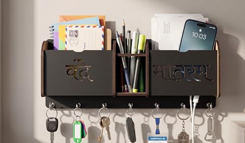 Image of Wall Mount Key Holder & Mail Organizer | Laser-Cut Key Hanger with 7 Metal Hooks, Letter Rack & Pen Stand | Wooden Wall Decor for Entryway, Living Room, Home & Office (Vande Matram)