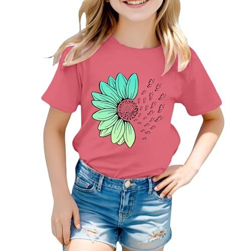 Girls Loose Fit Sunflower Graphic T Shirts Short Sleeve Crewneck Cute Pattern Printed Tops Kids (I-Pink, 12-13 Years)3