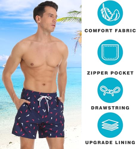 Image of Mens Swim Trunks Compression Liner No Mesh Swimming Trunks Men Swimwear Quick Dry Above Knee Zipper Pocket Swim Shorts