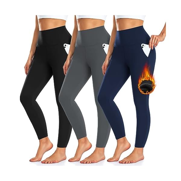 3 Pack Fleece Lined Leggings Women with Pockets -Warm Winter Yoga Pants for Women Thermal Running Workout Leggings