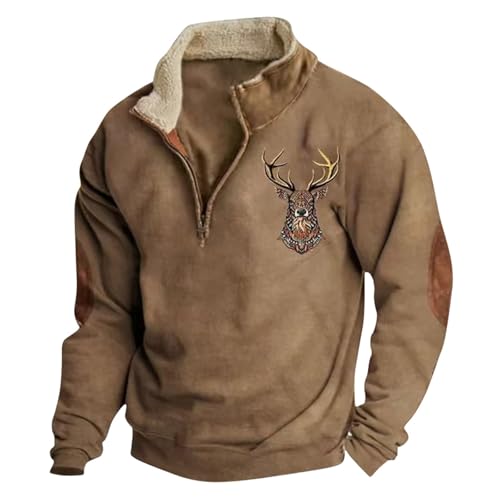 YOSUWOAI Sweat-shirt pour homme avec impression de cerf de chasse à 1/4 de boutonnage, manches longues, style pull, col montant vintage, coupe ample, pull d’hiver, pull de travail oversized, XL
