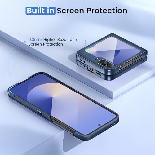 Image of Ruky for Galaxy Z Flip 6 Case, with Built-in Screen Protector, Dark Blue | Hard PC Ultra Slim Anti-Scratches Wireless Charging, HD Clearly Shockproof Phone Case for Samsung Galaxy Z Flip 6, Dark Blue