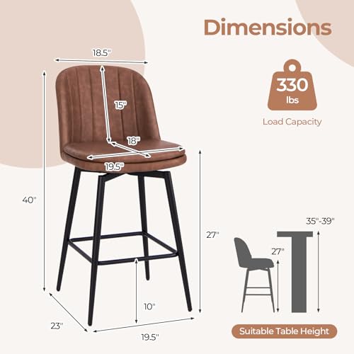 Image of COSTWAY Bar Stool Set of 2, 27 Inch Swivel Counter Height Chair with Padded Seat, Metal Legs & Footrest, PU Leather Bar Chair for Kitchen Island (2)