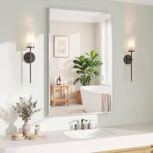 Image of Koonmi Silver Rectangle Wall Mirror, 24x32 Inch Bathroom Mirror, Aluminum Frame Vanity Mirror for Entryway, Living Room, Bedroom Bathroom, Hangs Horizontally or Vertically