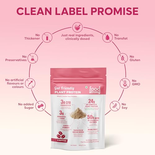 Image of Foodstrong Gut Friendly Plant Protein - Coffee | 24g Complete Plant Protein with Probiotics, Digestive Enzymes, Prebiotics & Indian Herbs | Vegan | No Sugar | 500g