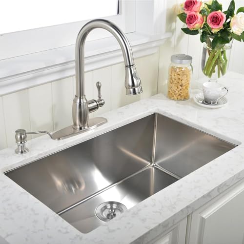 Image of 30 inch x 16.5 inch x 8 inch Undermount Kitchen Sink, 30 Inch Under Mount Brushed Nickel RV Laundry Utility Undermount 16 Gauge Stainless Steel 8 Deep Single Bowl Small Kitchen Laundry Narrow Sink
