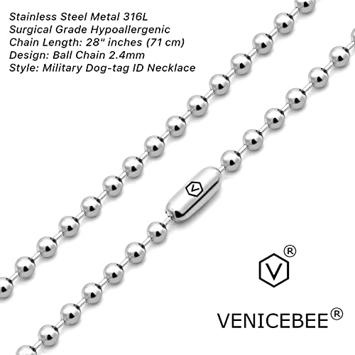 VENICEBEE® Stainless Steel Ball Chain Medical Grade 316L Surgical Metal Long Dog-Tag ID Military Necklace 28" INCHES 2.4MM Wide Resizable Standard Chain 28 inch + Pouch HYPOALLERGENIC LEAD-FREE3