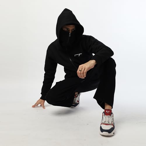 Image of BE SAVAGE Balaclava Zipper Hoodie for Men Heavyweight Zipper Hoodie Jacket for Men Ninja Hoodie Men Black