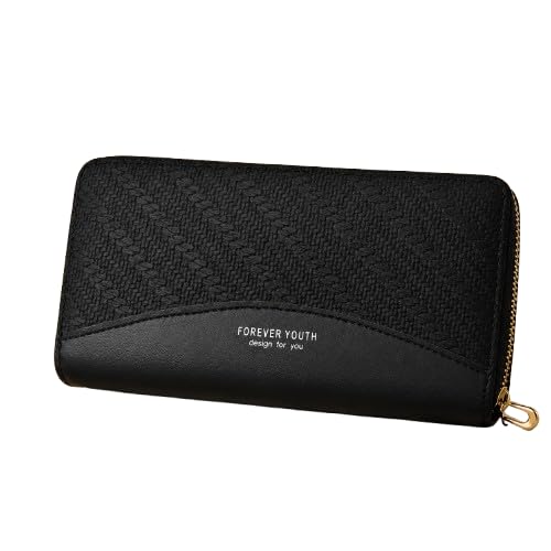 Womens Long Wallet - Black Textured Faux Leather Zip-Around Clutch Purse with Card Slots and Gold-Tone Hardware-image-3