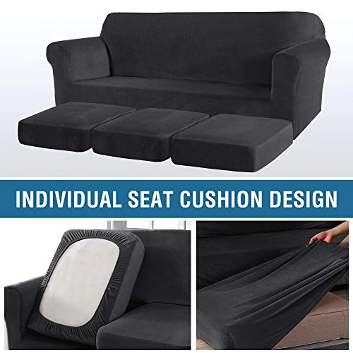 H.versailtex Thick Striped Velvet 4 Piece Stretch Sofa Covers Couch Covers For 3 Cushion Couch Sofa Slipcovers (Base Cover Plus 3 Cushion Covers) Feature Soft Stay In Place(3 Cushion: 72"-88", Grey) #TOP5
