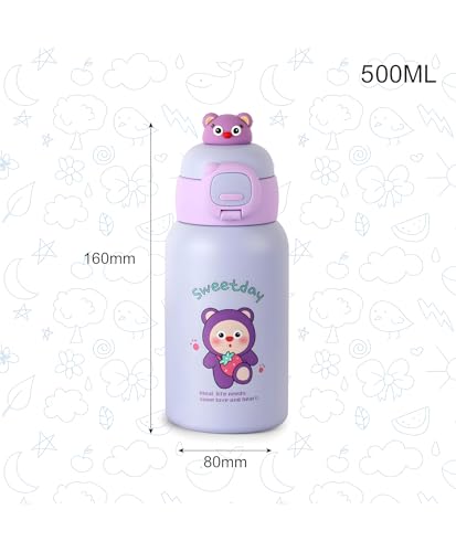 Image of Kids Stainless Steel Insulated Flask - 500ml Double Wall Vacuum Water Bottle, Leak Resistant Hot & Cold School Travel Drink Container for Boys & Girls - Purple