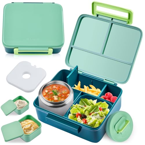 Lunch Box With Thermos Inside: Ultimate Leakproof Kids Bento Solution 3 Bento Lunch Box for Kids with 8oz Soup Thermo Leak-Proof Lunch Food Containers with Snack Sauce Container for Kid Toddler Girls Boys to School, Green