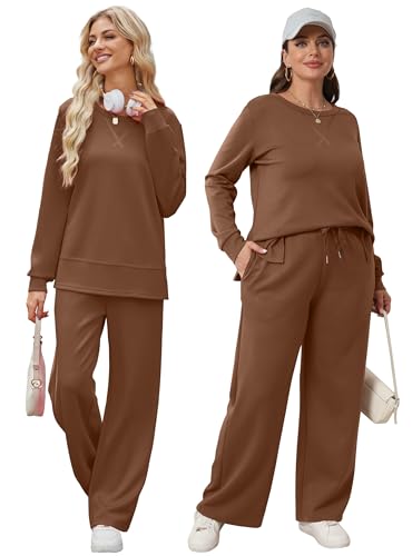 Image of OFEEFAN Women's 2 Piece Lounge Set Travel Airport Outfits Side Slit Tracksuit Wide Leg Loungewear Baggy Comfy Sweatsuit S-3XL