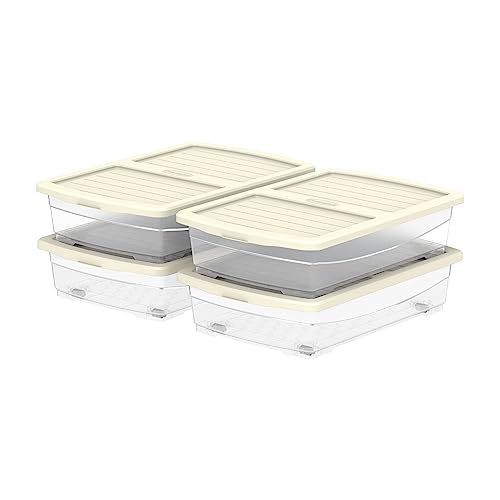 Cosmoplast 25L Clear Plastic Underbed Storage Box with Wheels & Lockable Lid Set of 4