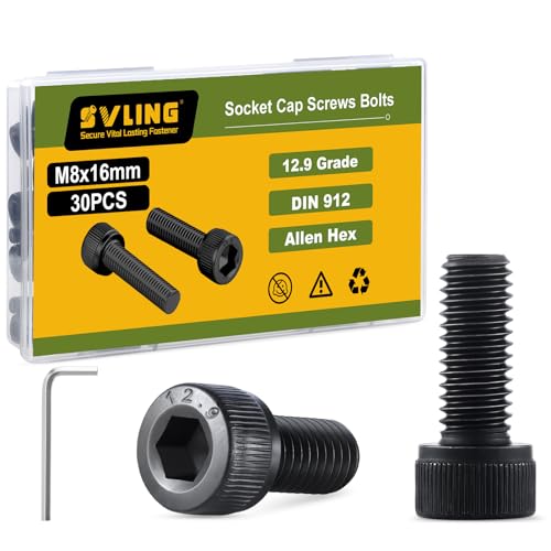 SVLING M8-1.25 x 16mm Bolt, 30PCS M8 Hex Socket Head Cap Screws Bolts, 12.9 Grade Alloy Steel, Full Threads, Allen Socket Drive, with Hex Spanner