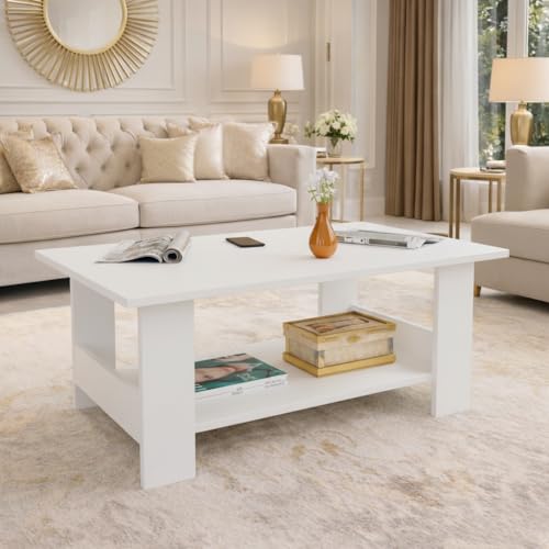 Image of Spyder Craft Modern Coffee Table with Open Storage Shelf - Minimalist Rectangular Center Table for Living Room, Office, and Lounge - Durable Engineered Wood, Easy Assembly (White) (Assembly -DIY)