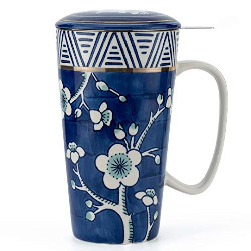 Taimei Teatime Hand Painted Tea/Coffee Mug, Ceramic Tea Cup with Infuser and Lid, 17 fl oz Large Tea Maker for Loose Leaf Tea, Blue and White