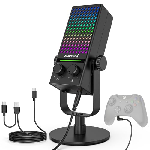 ZealSound Gaming Microphone for Xbox, PC & Mac, Noise Cancellation Streaming Mic with One Tap Mute, RGB Lighting, Monitoring, Gain Control, Condenser Mic for iPhone, Computer, Podcast, Gamer, YouTube