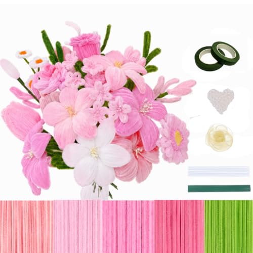 Image of YUNAMI Chenille Stems for DIY Flower Making - 400 Pcs Pipe Cleaners with Floral Wire, Tape, Stamen & Pearls - Premium Bouquet Supplies for Home Decor & Gifting (400, Pink)