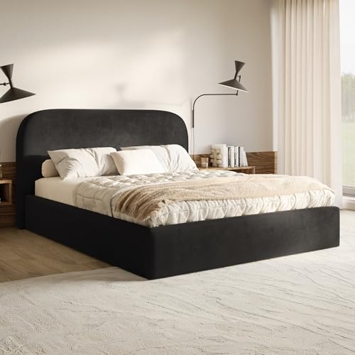 MOTIVENA Mono Bett 200x200 Schwarz Samt, mit Stauraum, mit Kopfteil, mit Lattenrost, ohne Füße, ohne Matratze, Polsterbett 200x200 mit Bettkasten Schwarz