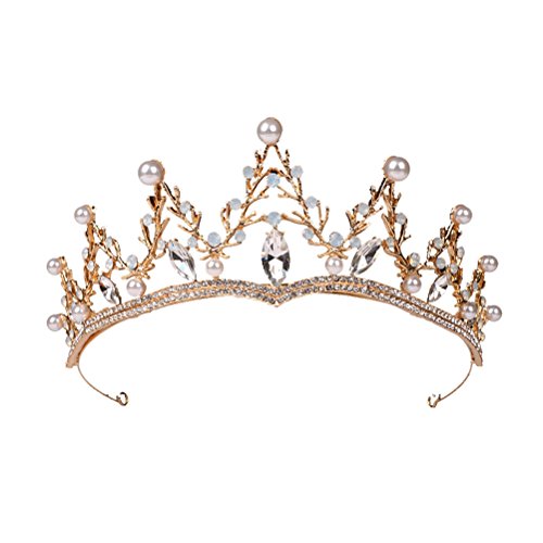 Tiara barroca Hoja Diamante de imitación Tiara Diadema Aleación de perlas Boda Tiara Cabello...