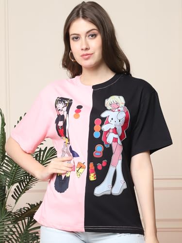 Image of Fabflee Oversized Cotton Baggy Drop Shoulder Graphic Tee with Half Sleeves | Korean Casual Loose T-Shirt for Women