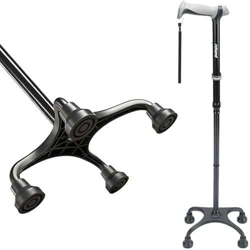 Rehand Quad Cane, Walking Cane with Ergonomic Handle Ever and Graceful 4-Pronged Base for Extra Stability, Adjustable Walking Sticks for Right or Left Handed Men & Women and Seniors