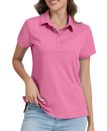 JoyGirl Polo Shirts for Women Short Sleeve T Shirts Quick Dry Lightweight Breathable Gym Tops Collared Golf Shirt with 4-Buttons (Rose Pink,M)