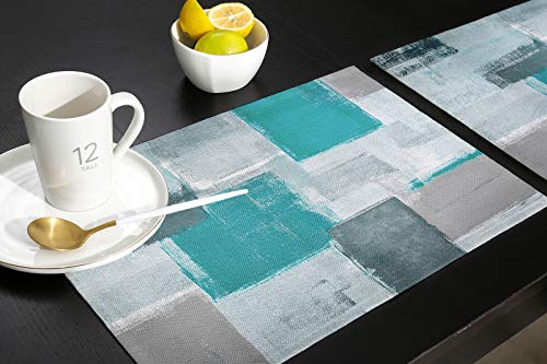 Artshowing Teal Grey Placemats, Set Of 6 Anti-Skid Table Mats, Washable Placemats For Kitchen Dining Table Decoration 19X13 Inch - Abstract Art Painting #TOP4