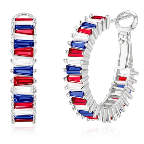GLOQUAT American Flag Hoop Earring Silver Plated Patriotic Hoops for Women 4th of July Earrings for Women 925 Sterling Silver Post Ole Miss Earrings Memorial Day Red White and Blue Hoops Jewelry
