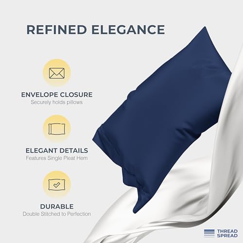 Image of THREAD SPREAD 100% Egyptian Cotton Sheets Queen Size - Luxury 1500 Series Queen Sheet Set Egyptian Cotton (4 PC, Navy Blue), Silky Soft, Sateen Weave, Cooling & Breathable, 17 inch Deep Pocket Bed Set