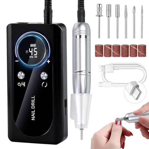 CozyZen Electric Nail Drill Professional: 45000 RPM Nail File Kit Machine with LCD Display, Hand & Foot Control Low Noise for Acrylic, Gel Nails, Manicure & Pedicure - Salon & Home Use (Black Cordless)