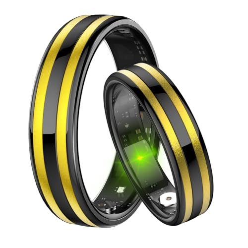 JUSUTEK 2026 新登場 レディース超狭幅セラミックステンレス鋼スマートリング指輪,活動追跡リング フィットネススマートリング、全面数値安定センサ機能管理，6.3mm幅，体感ゲーム，多機能運動，女性機能，リモコン撮影，万歩計，IP68防水，水泳可能，Bluetooth5.4，カロリー，男女兼用，iphone&コンパチブル対応,贈り物,日本語説明書付き (金黑, 7号（内周長：55mm）)の商品画像（Amazon）