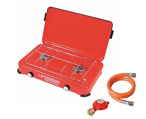 ROTHENBERGER Industrial Campingkocher, Gaskocher, windfester Outdoorkocher inkl. 0,8 m Propangasschlauch und Druckregler, 2 Kochstellen, Inbetriebnahme mit Propangasflasche 35940